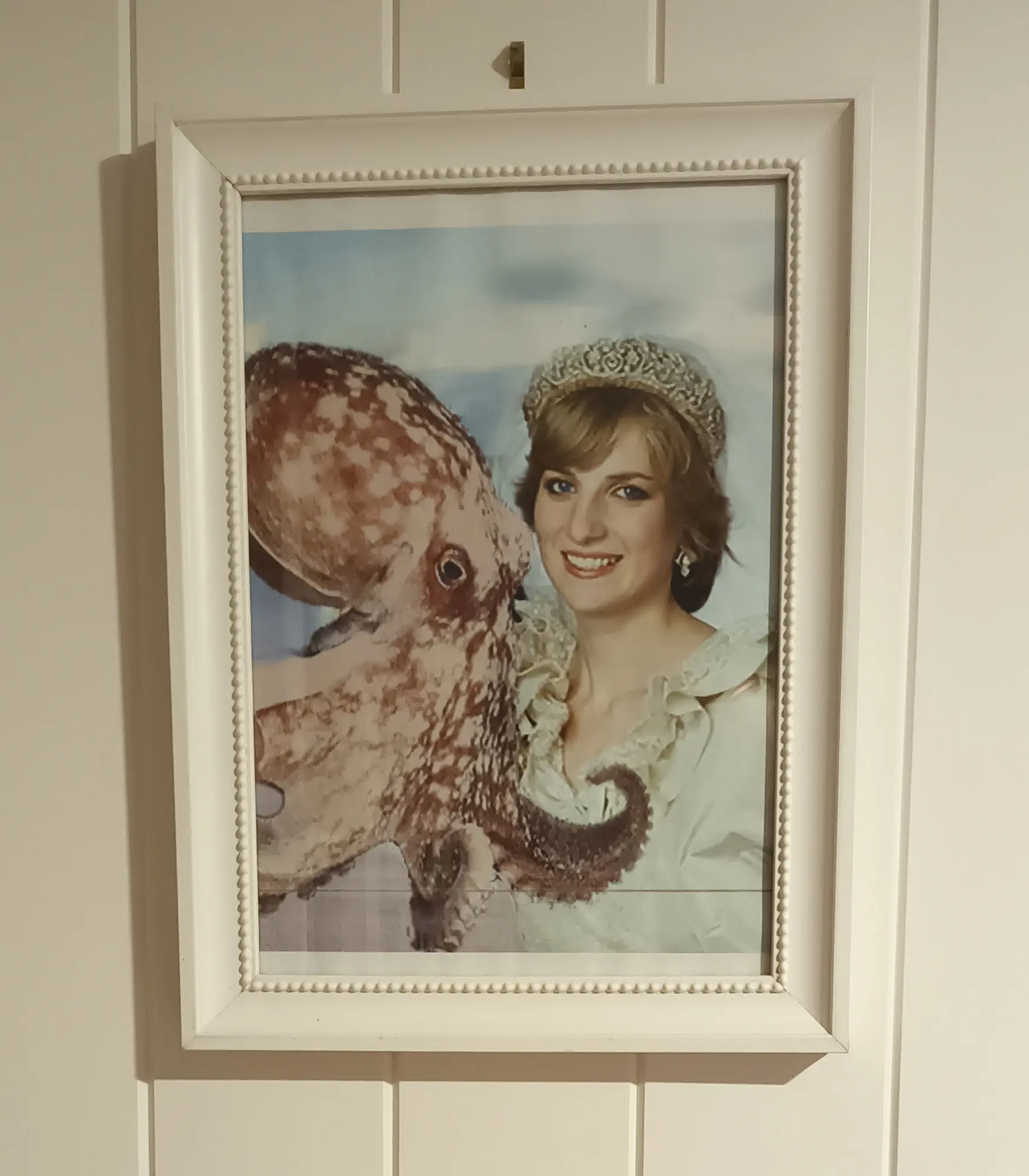 A wedding photo in a frame on a wall; it is Princess Diana marrying an octopus